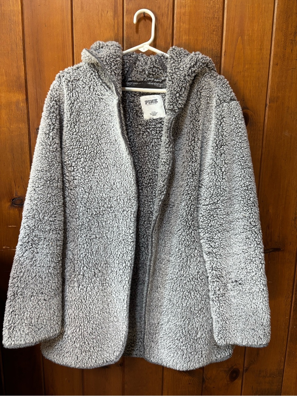 PINK Victoria's Secret Light Gray Sherpa Hooded jacket Sz Medium